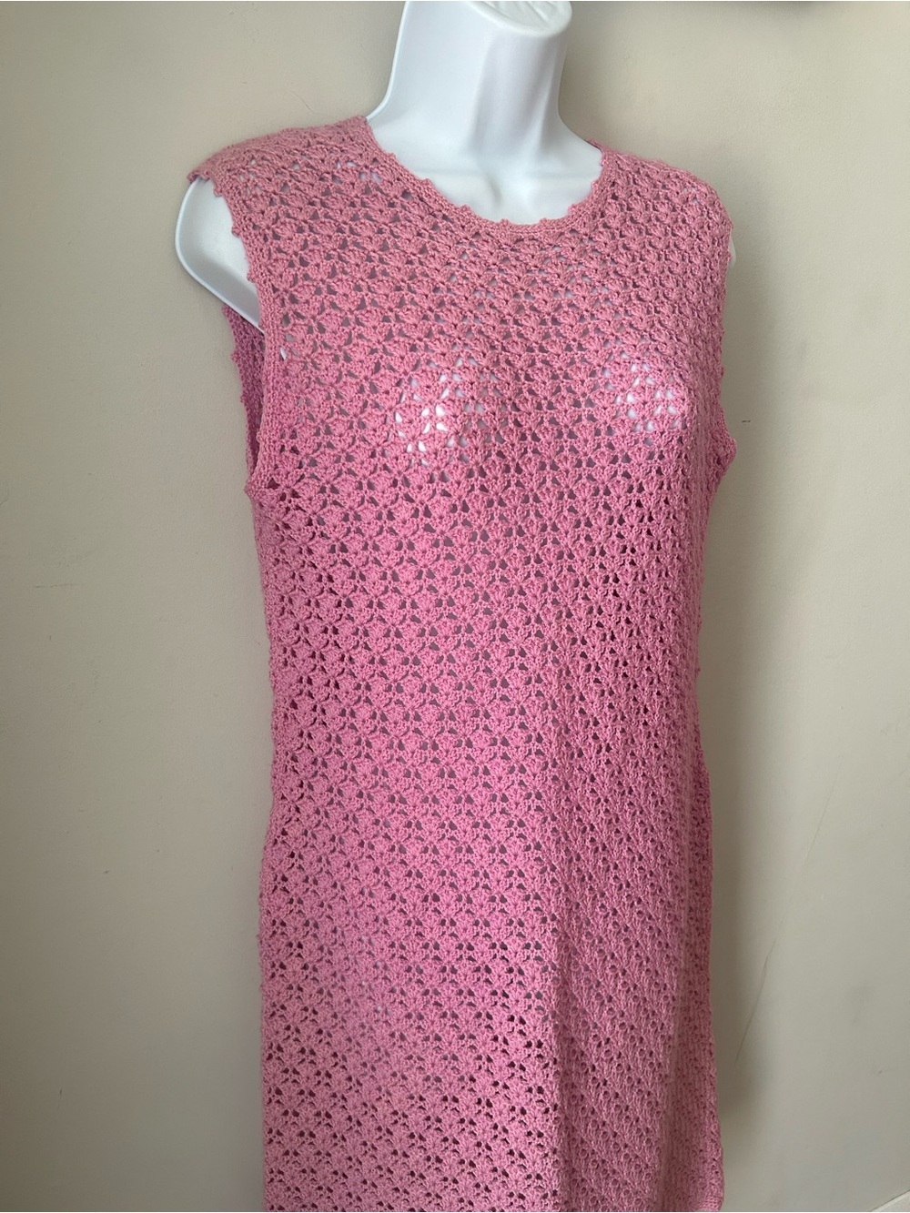 Handmade Pink Crochet Sleeveless Dress Barbiecore Cottagecore Boho Midi